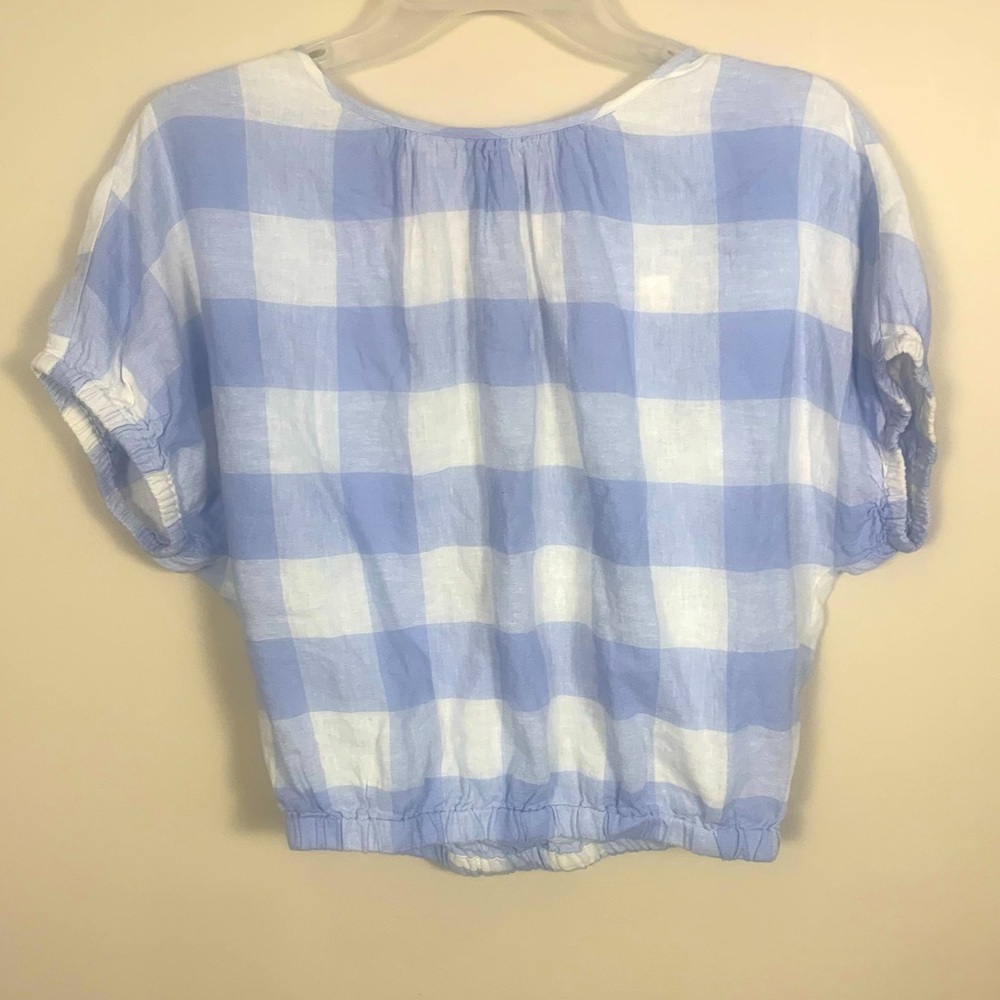 Madewell Linen Blend Split Back Tie Gingham Check Blouse - Picture 2 of 14